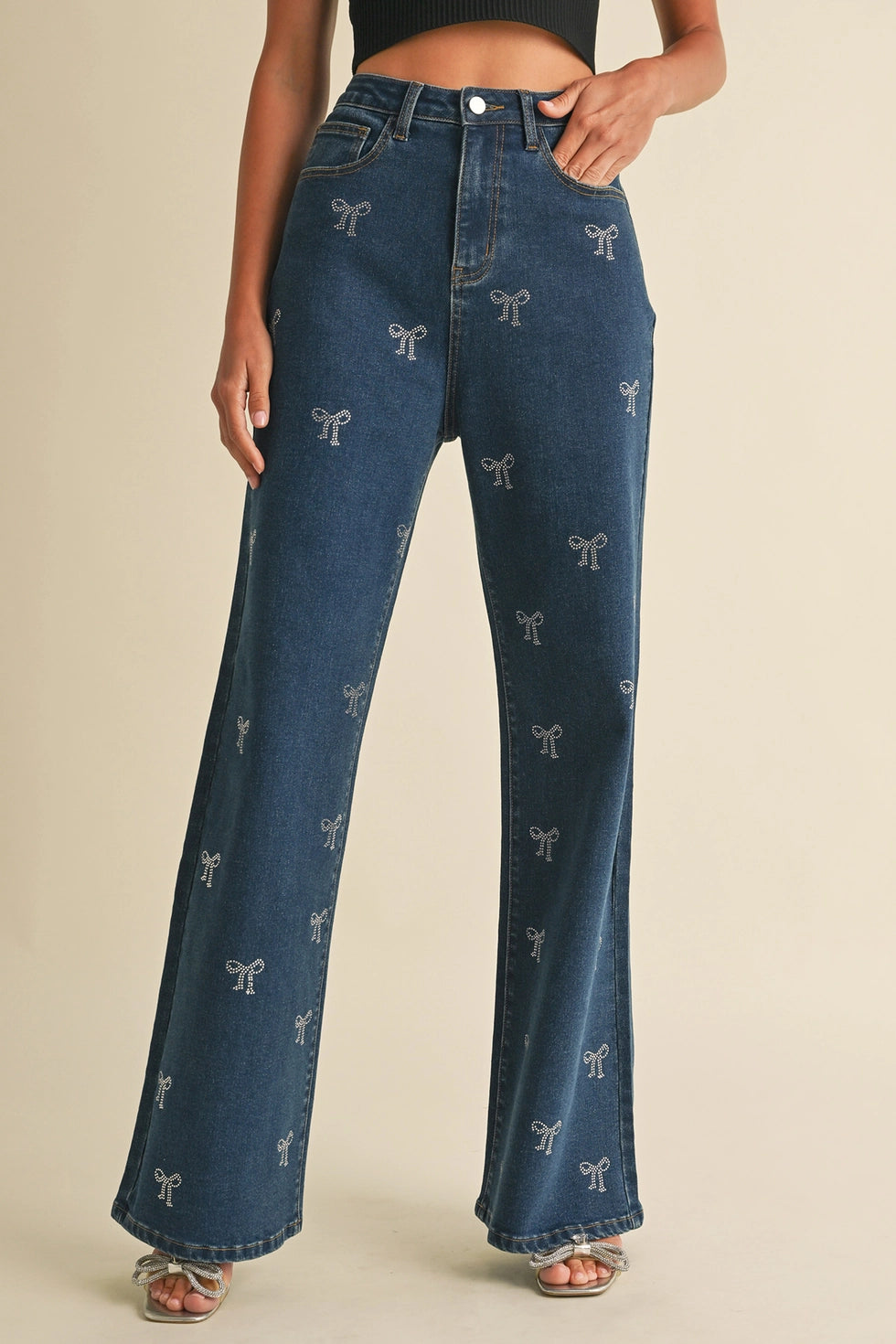 Embellished Bow Denim Pants