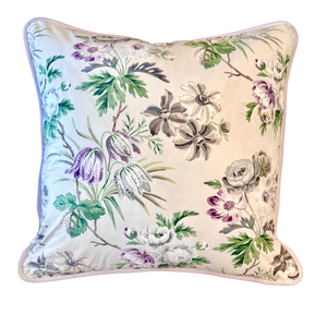 Floral Throw Pillow Piped in Lavender Velvet