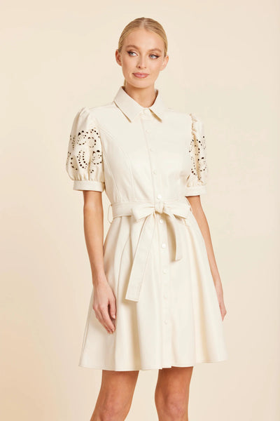 Faux Leather Embroidered Cut Out Sleeve Dress