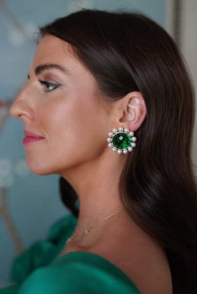 Emerald + Pearl Halo Stud Earrings