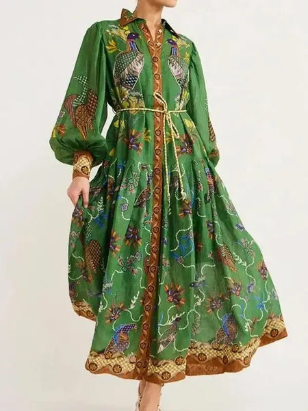 Lantern Long-Sleeved Printed Dress