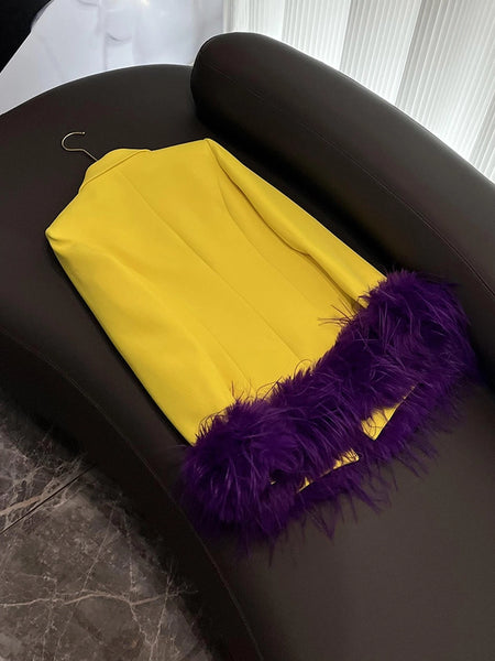 Yellow Blazer with Purple Feather Cuffs