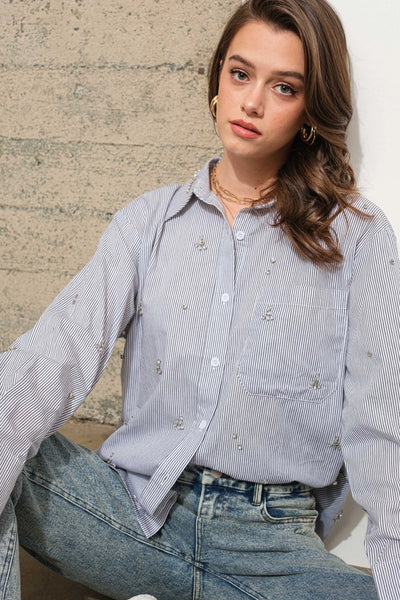 Cotton Poplin Jewel Stud Embellished Shirt Blouse