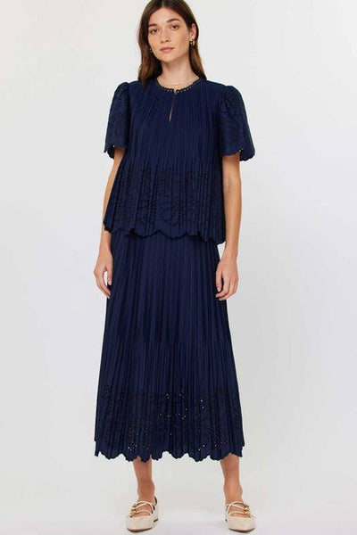 Half Sleeve Pleated Eyelet Top