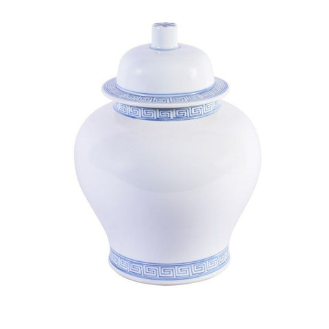 White Temple Jar With Blue Greek Key Trim