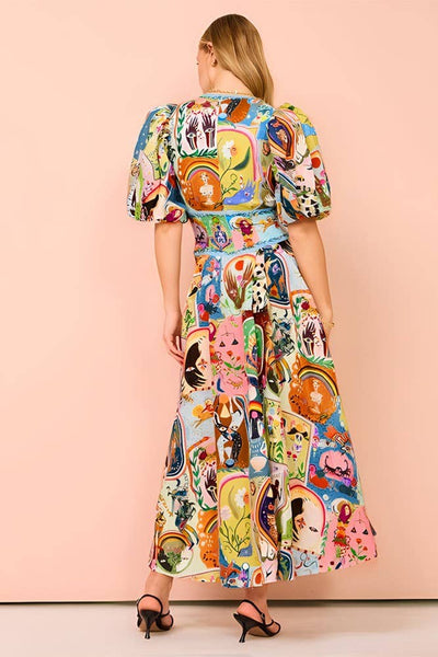 Multicolor Print Buttoned Bubble Sleeves Maxi Dress