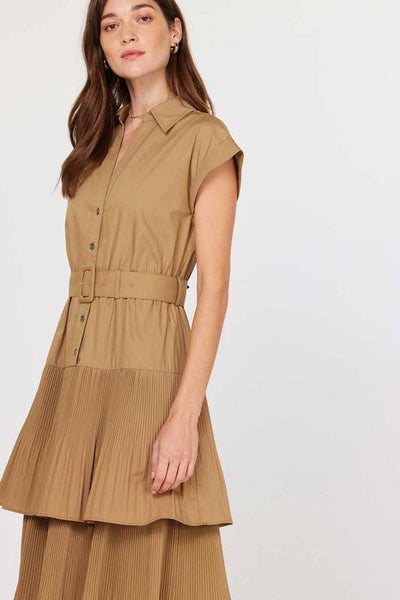 Button Down Tiered Midi Dress W/buckle Belt