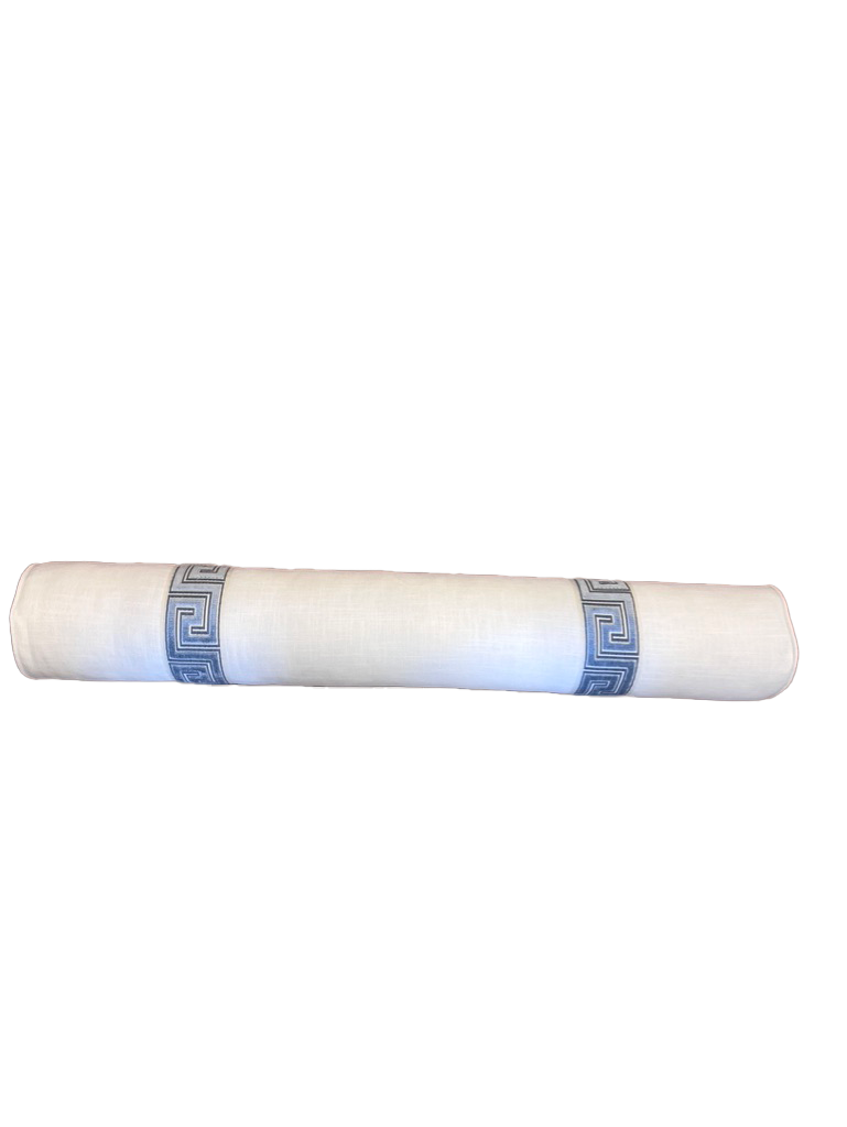 White Linen Bolster with Blue Trim