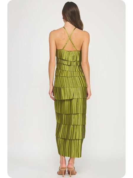 Olive Satin Midi Dress