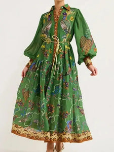 Lantern Long-Sleeved Printed Dress