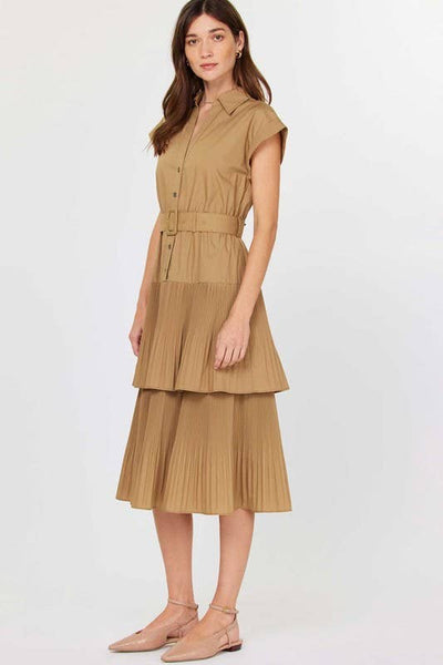 Button Down Tiered Midi Dress W/buckle Belt