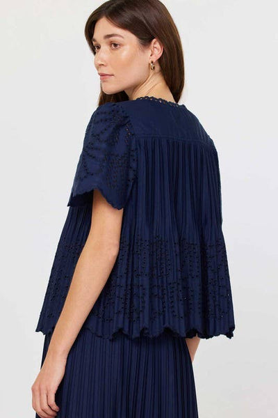 Half Sleeve Pleated Eyelet Top