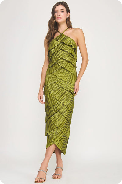 Olive Satin Midi Dress