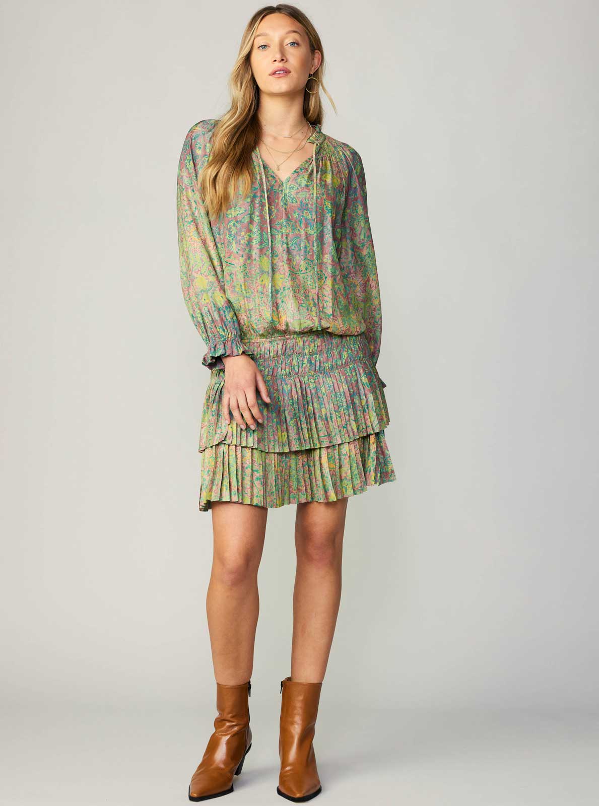 Green Floral Pleated Mini Dress