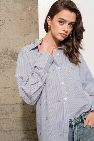 Cotton Poplin Jewel Stud Embellished Shirt Blouse