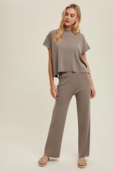 Ribbed Knit Sweater Top and Pant Set in Mocha