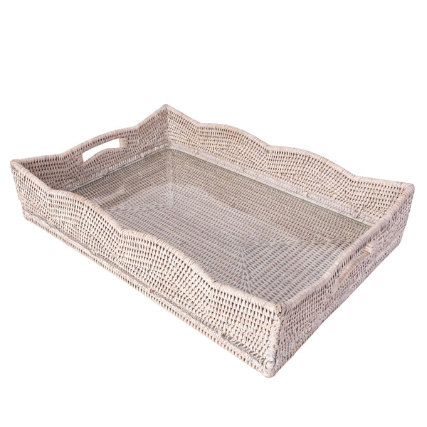 Rattan Scallop Rectangular Tray with Glass Insert