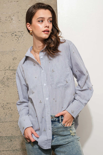 Cotton Poplin Jewel Stud Embellished Shirt Blouse