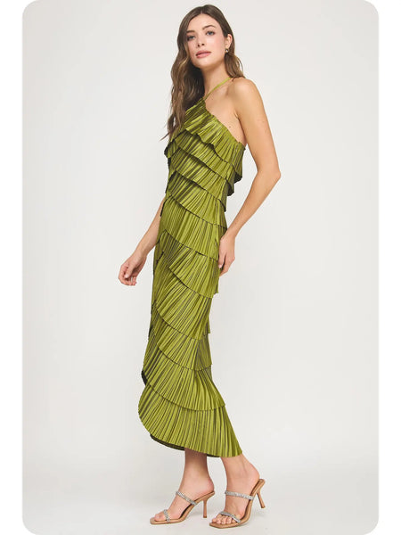Olive Satin Midi Dress