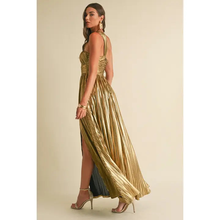 Gianna Metallic Pleat Maxi Dress