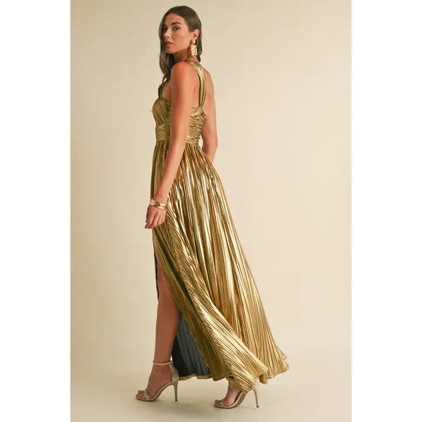 Gianna Metallic Pleat Maxi Dress