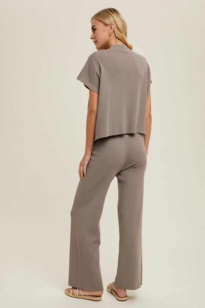 Ribbed Knit Sweater Top and Pant Set in Mocha