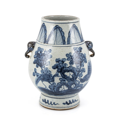 Blue And White Porcelain Pheasant Flower Jar With Elephant Nose Handle