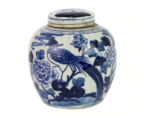 Blue And White Mini Jar Pheasant With Peony
