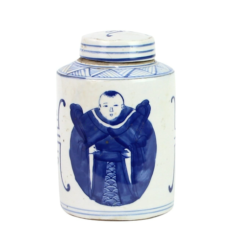 Blue And White Mini tea Jar Ancient Scholar